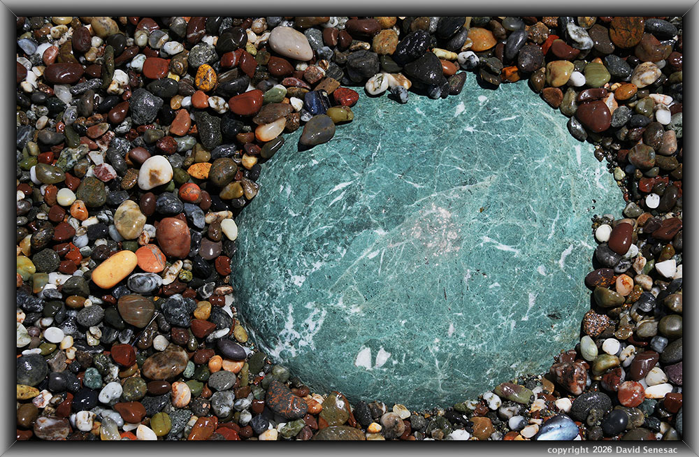 VP08497-19h surf smoothed, wet mélange beach stones atop boulder. VP08497-19h