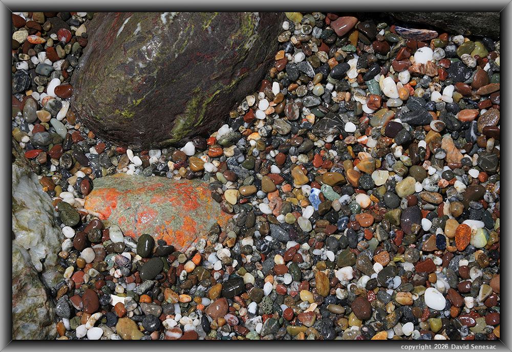 VP08747-80h surf smoothed, wet mélange beach stones atop boulder. VP08747-80h