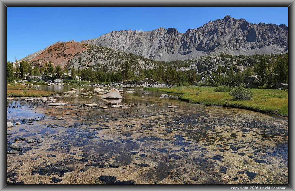 VS00431-00450-3x1v Margaret Lake creek, Chocolate Peak, Inconsolable Range, Cloudripper, Sierra willow, whitebark pine VS00431-00450-3x1v